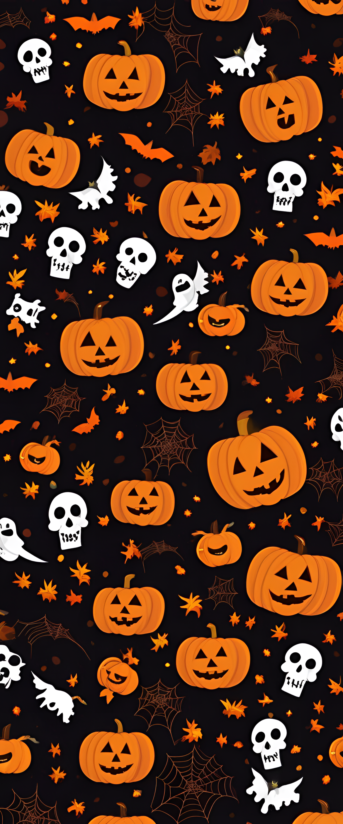 Halloween-themed phone wallpaper with a dark background, featuring various spooky elements and symbols.