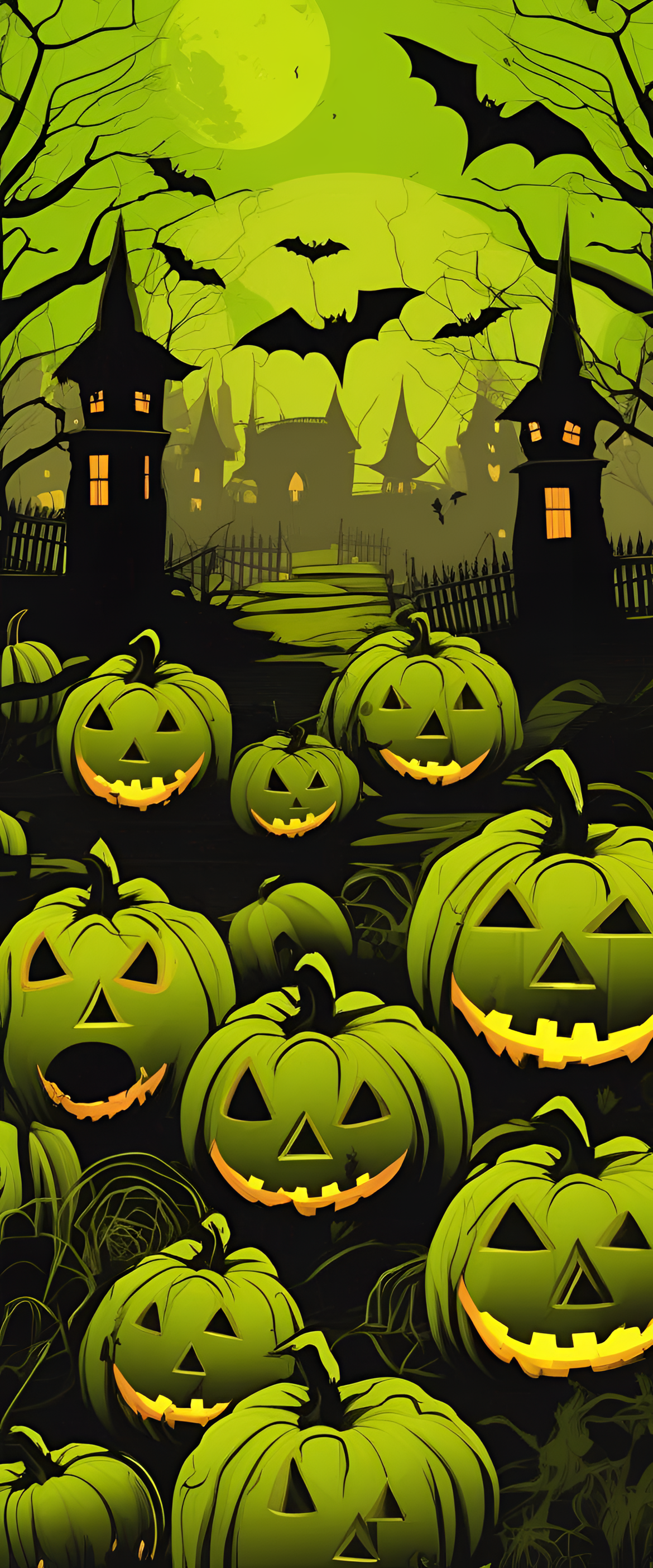 Vibrant acid green Halloween background with abstract patterns.