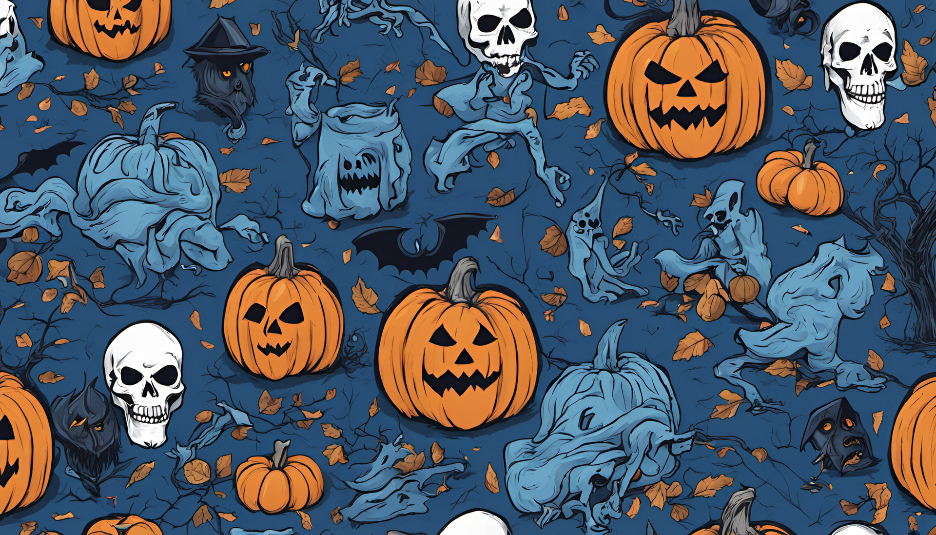 Halloween-themed blue wallpaper with intricate details.