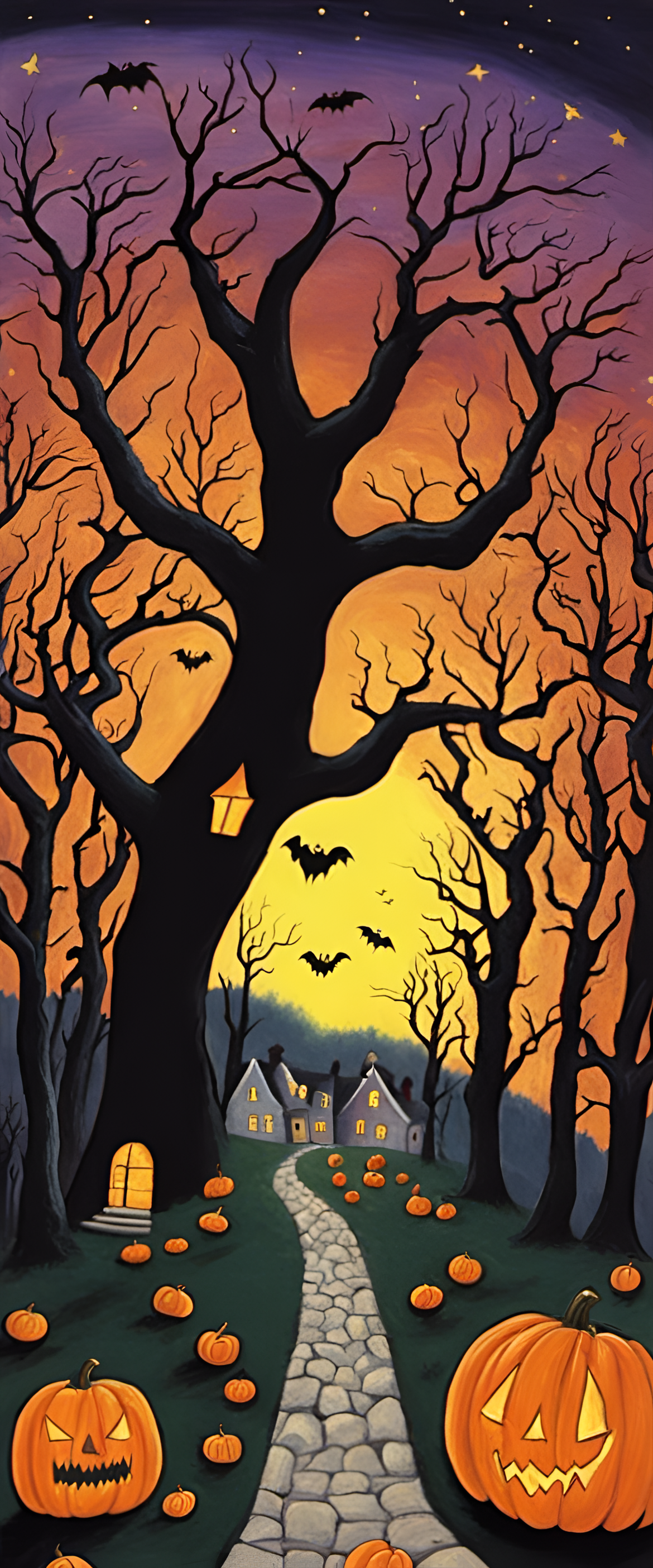 Festive Halloween artwork in a charming naive style.