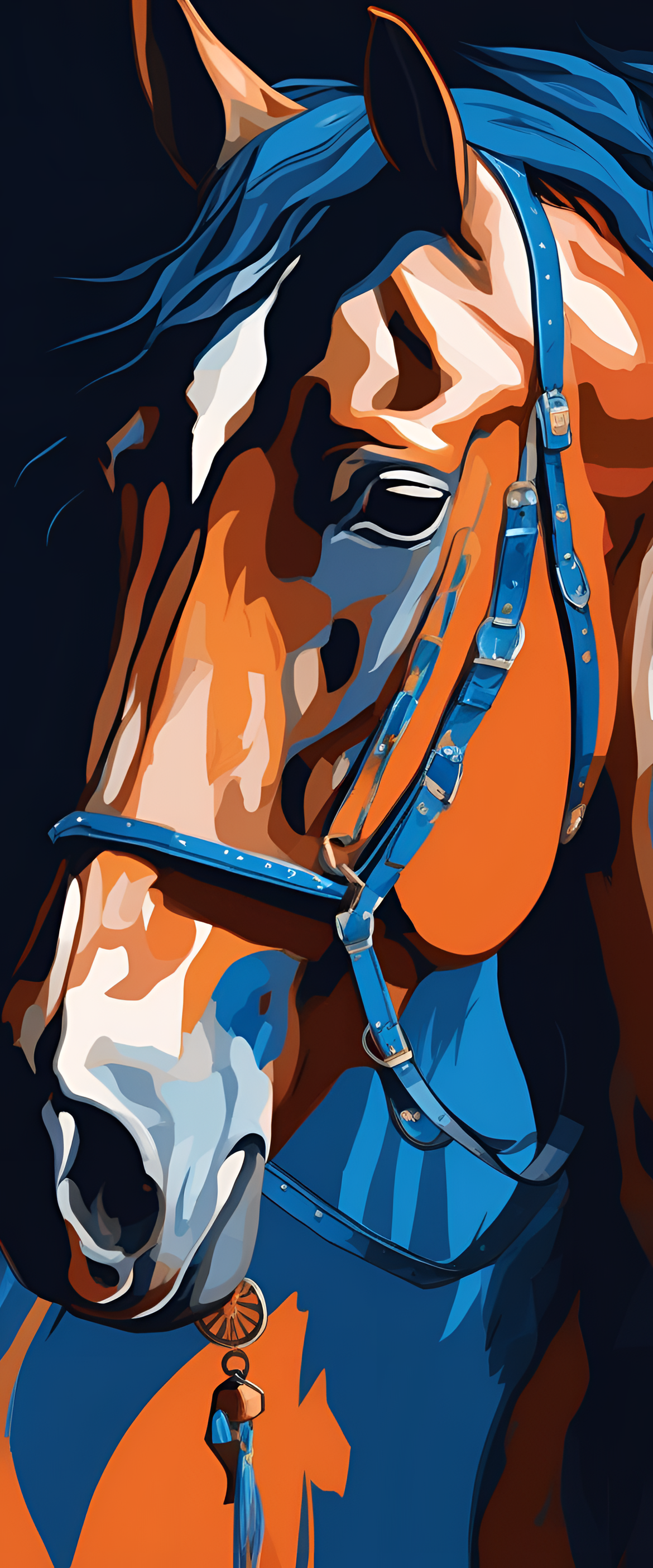 Blue and orange horse standing majestically in a vibrant setting.