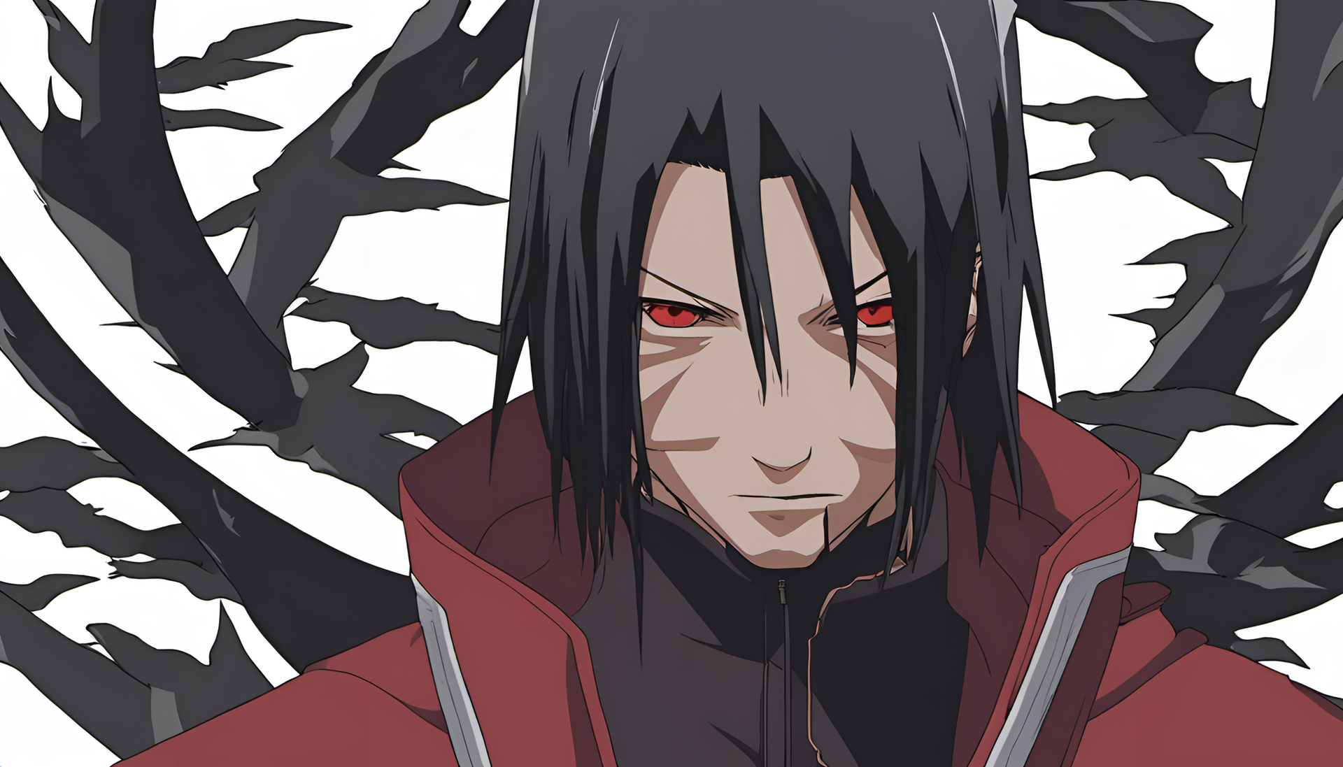 Itachi Uchiha, a fictional character from Naruto, stands determined with red eyes and raven-like black hair.