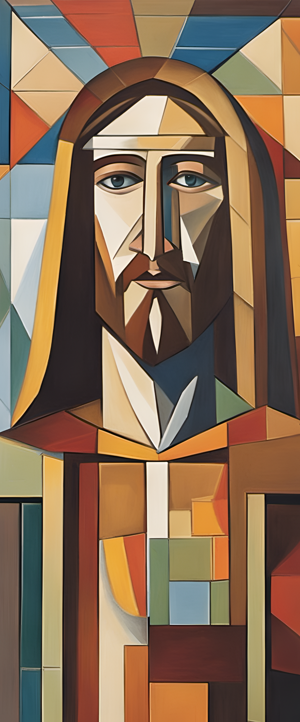 Cubist rendition of Jesus; vibrant colors and geometric patterns create a unique visual representation.