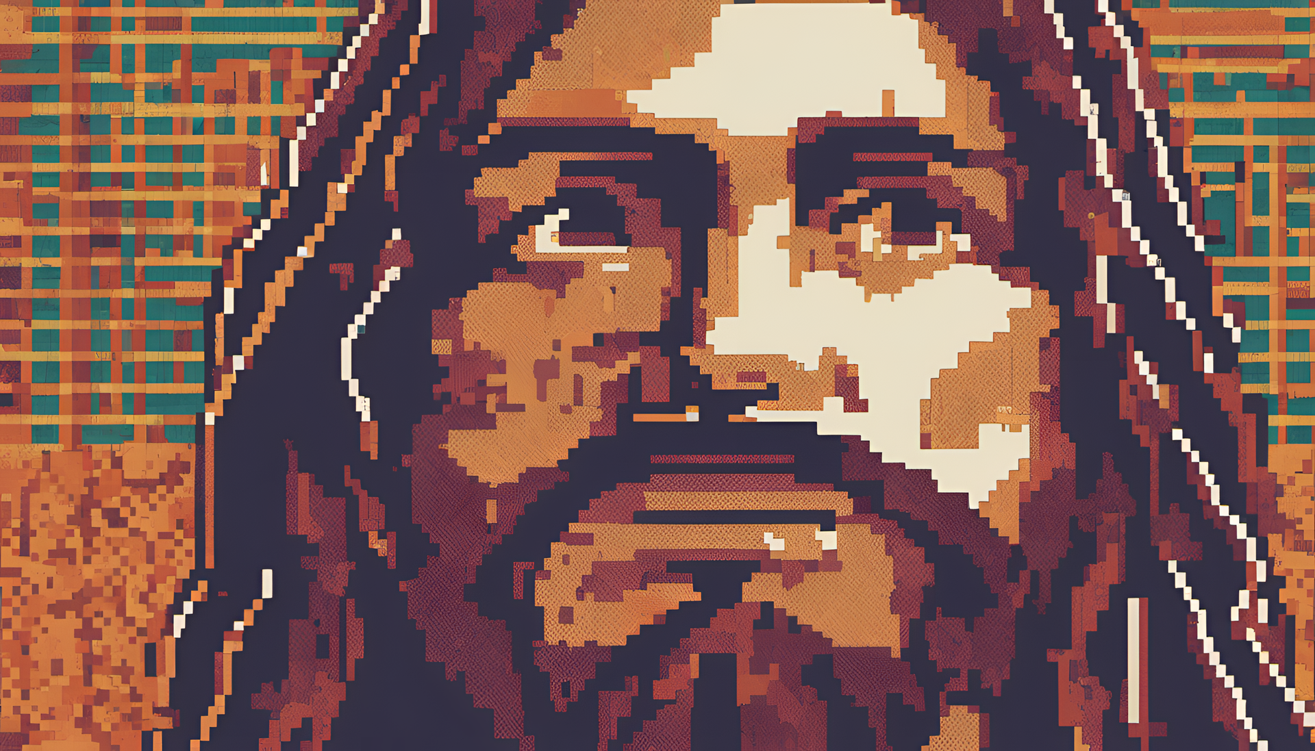 Colorful pixel art of Jesus in a desktop wallpaper.