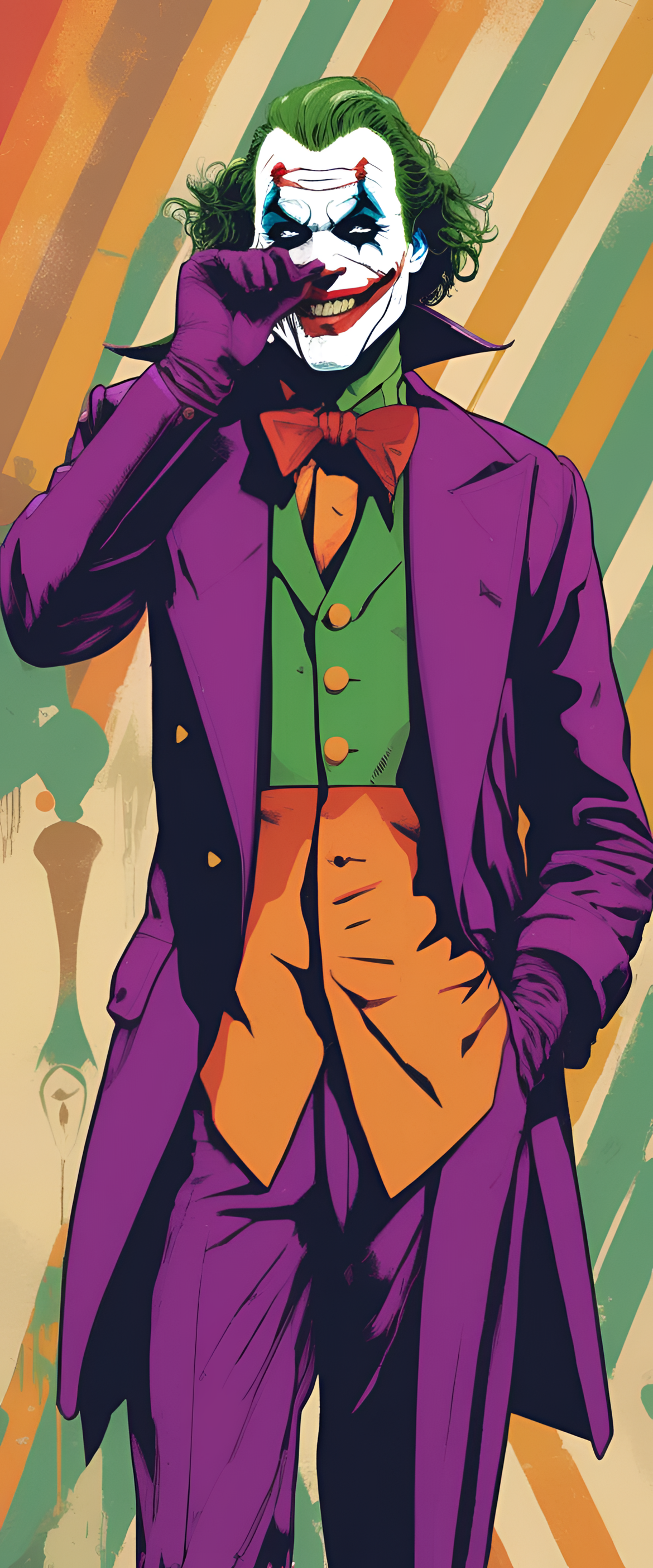 Joker in retro style standing against a vibrant background.