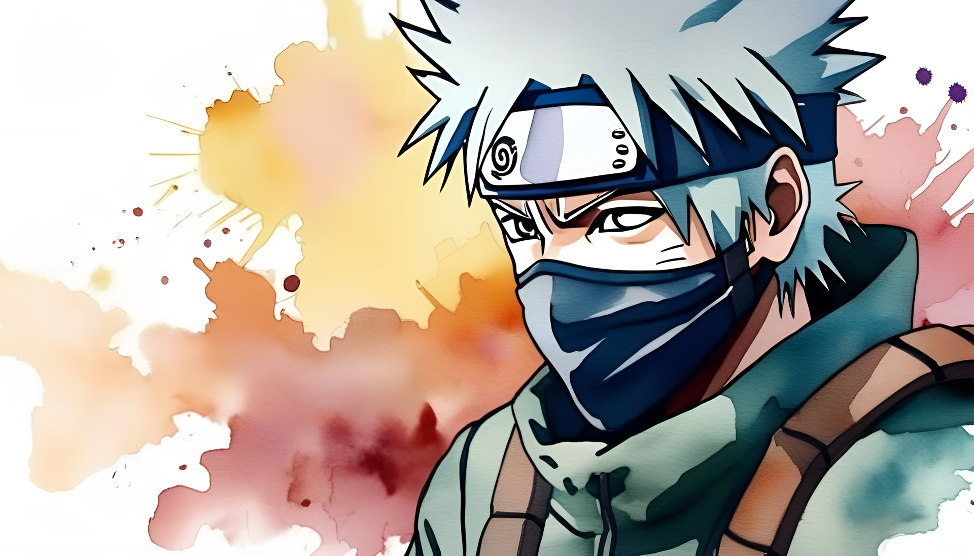 Kakashi Hatake in a watercolor style desktop wallpaper.