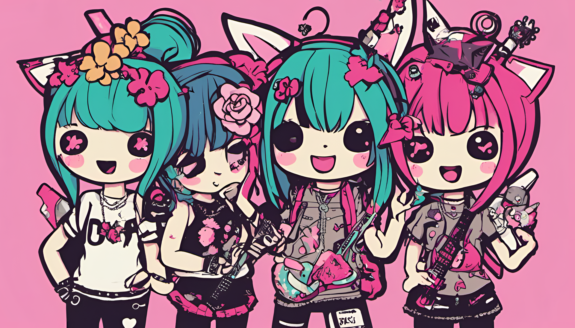 Kawaii punkcore desktop wallpaper with vibrant colors and cute elements.