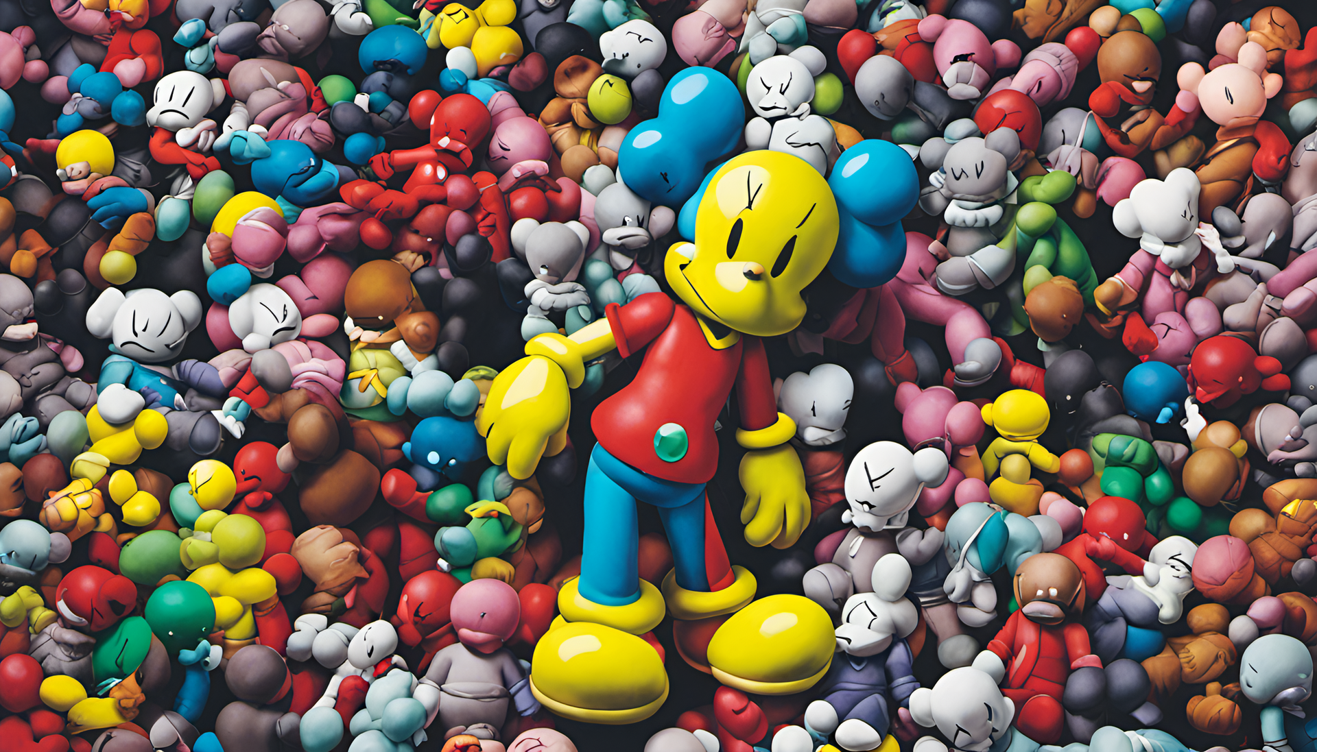 Colorful abstract artwork featuring KAWS-inspired design with vibrant patterns and shapes.