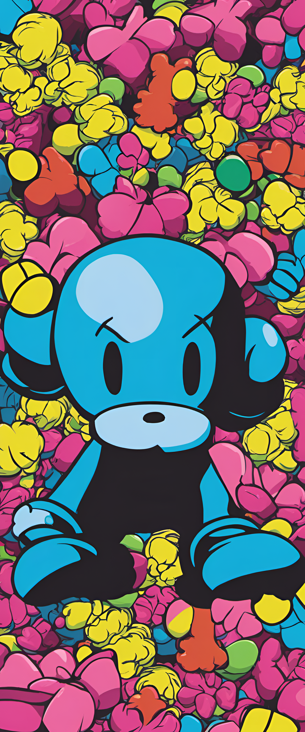 Colorful Kaws artwork on a black background.