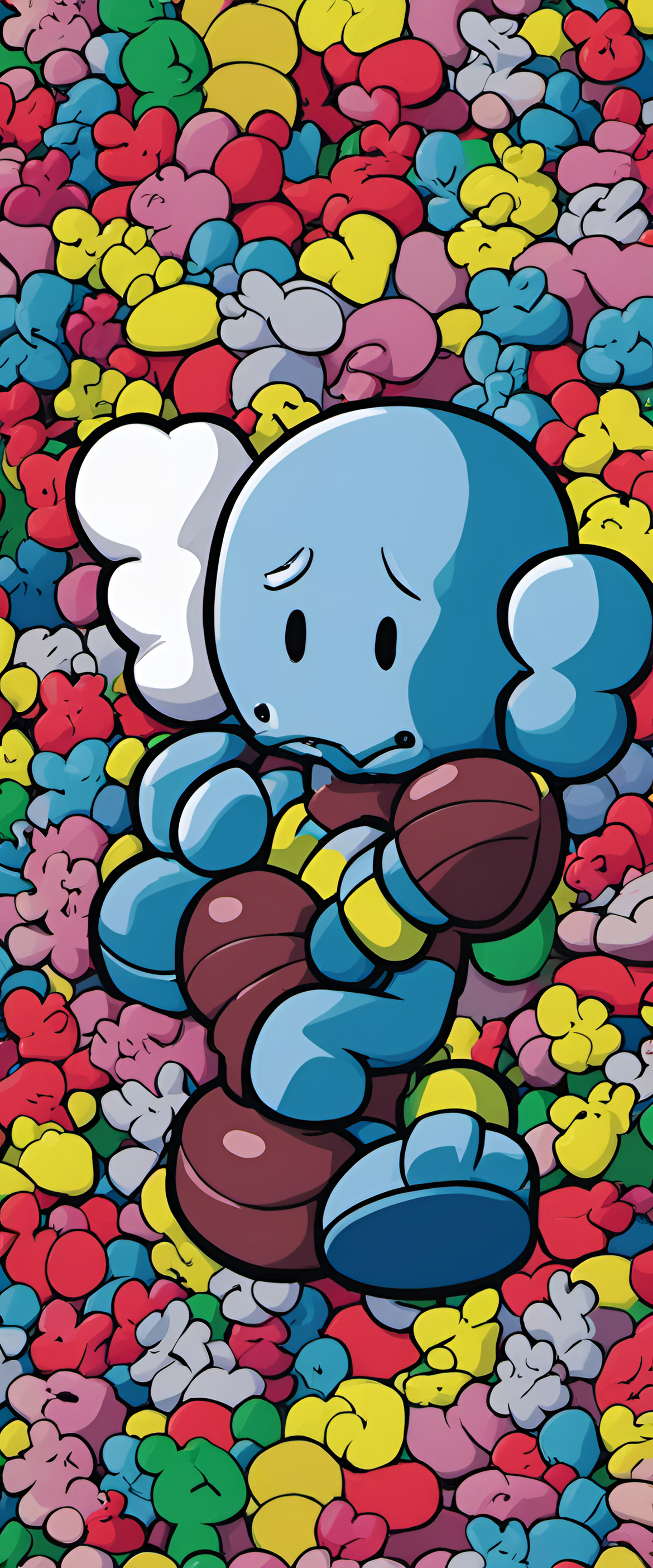 Colorful abstract art that features KAWS-inspired elements.