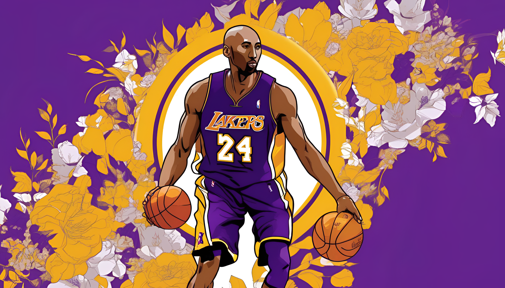 Kobe Bryant soaring in action on a vibrant background.