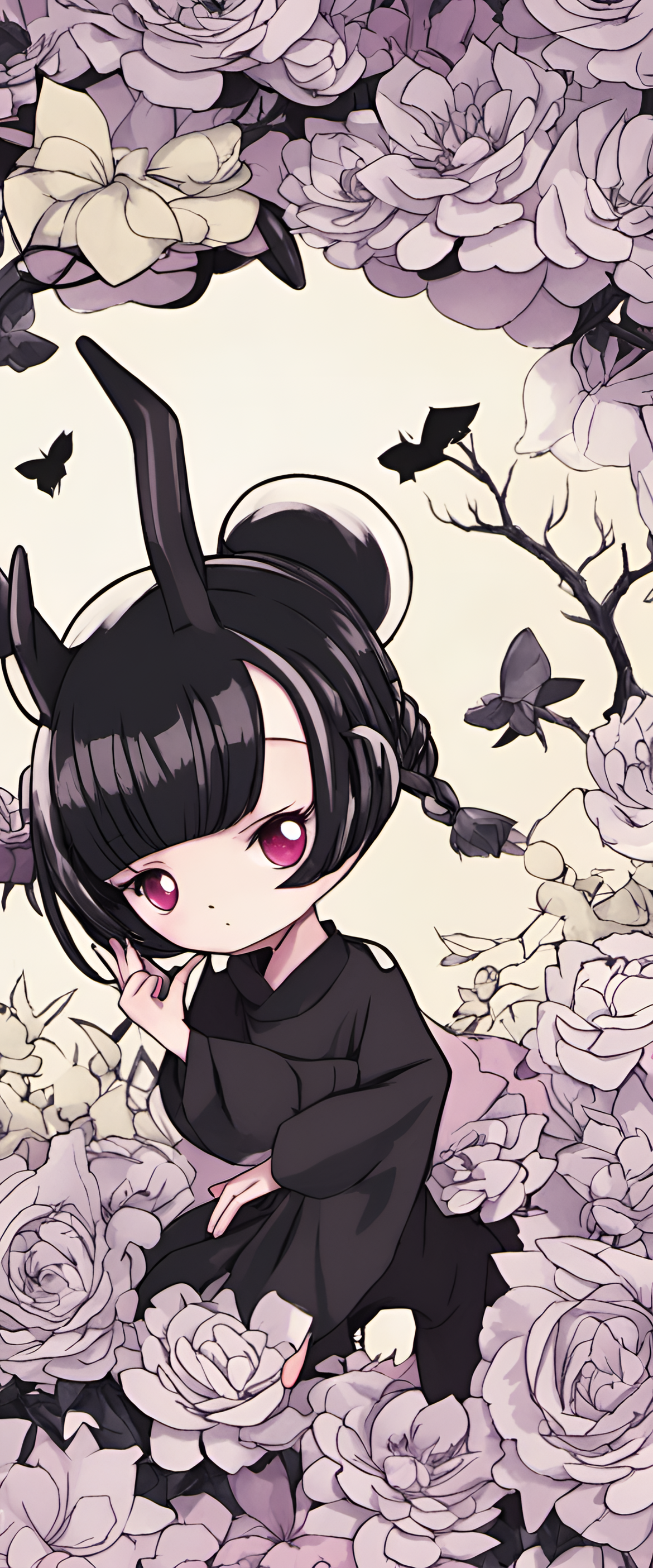 Kuromi character surrounded by pink and purple flowers on a phone wallpaper.