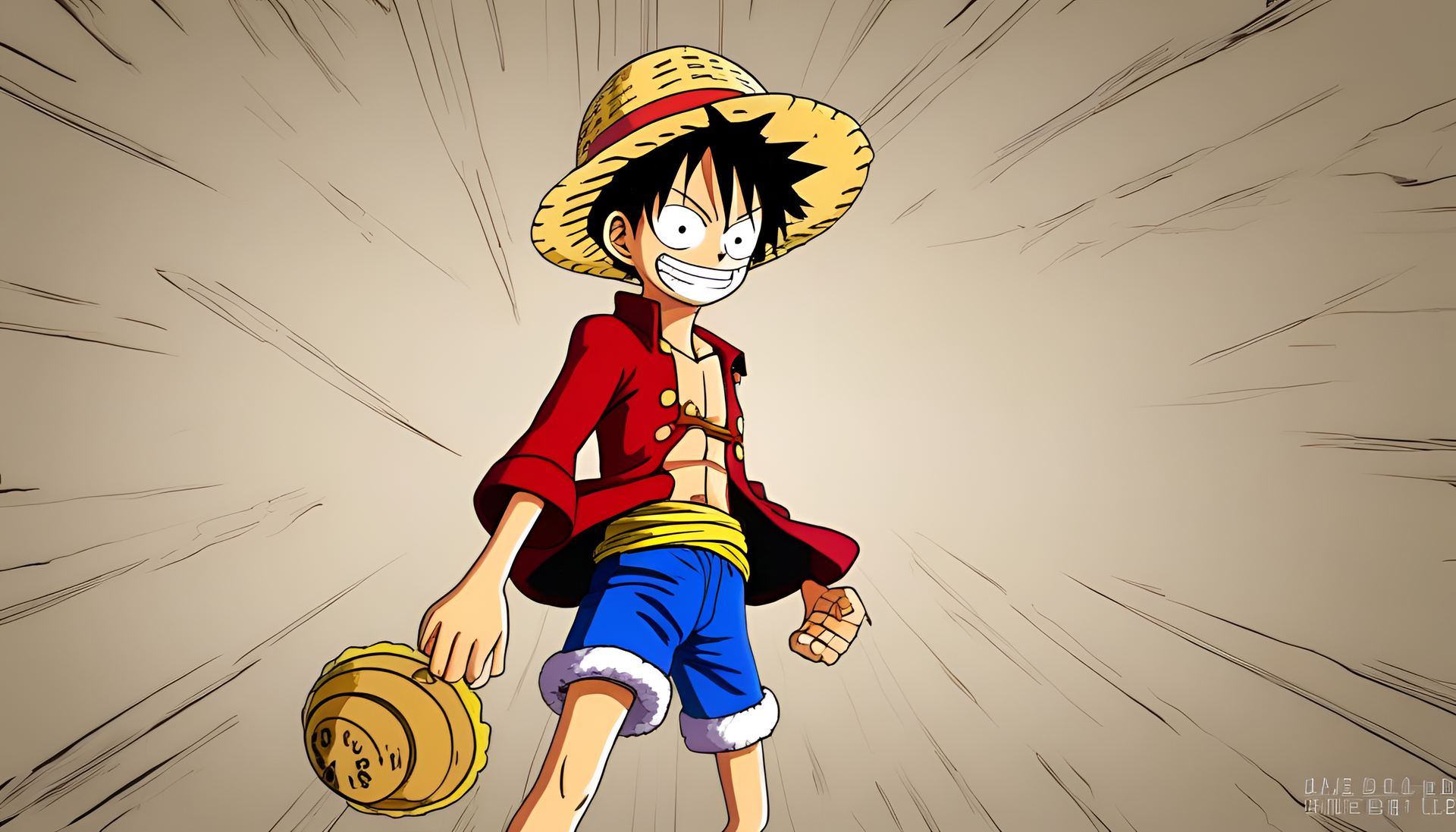 Luffy, the main character from One Piece, stands tall and determined in this vibrant desktop wallpaper.