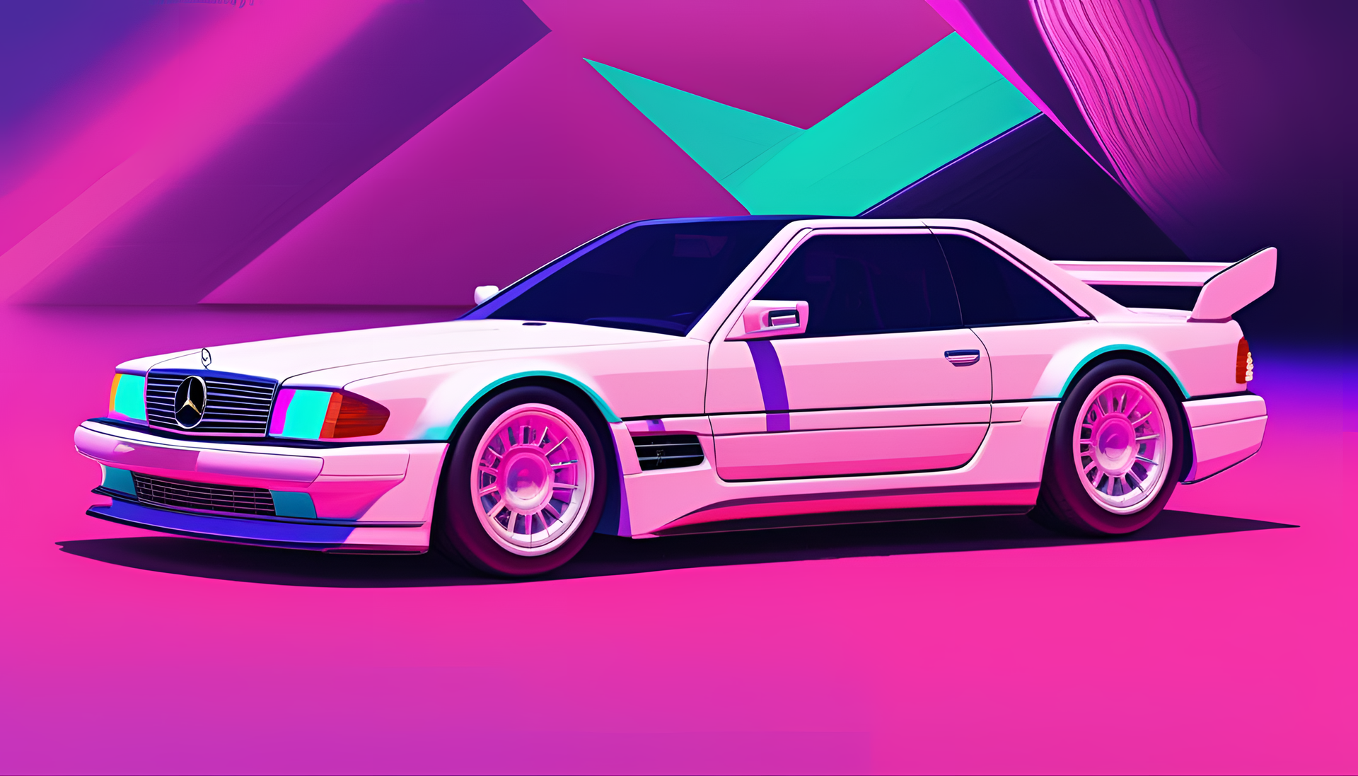 Vaporwave-inspired Mercedes W14 in HD desktop wallpaper