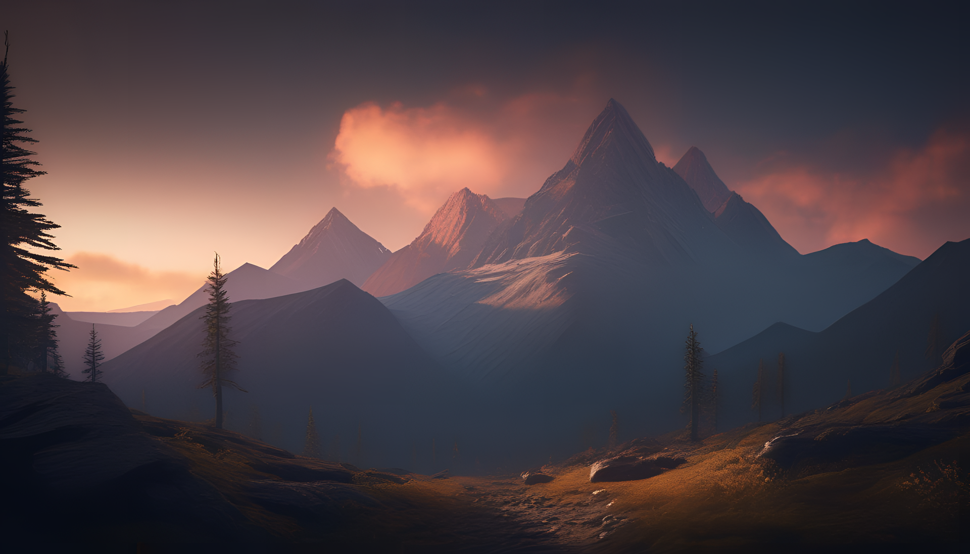 Majestic mountain landscape with dramatic lighting.