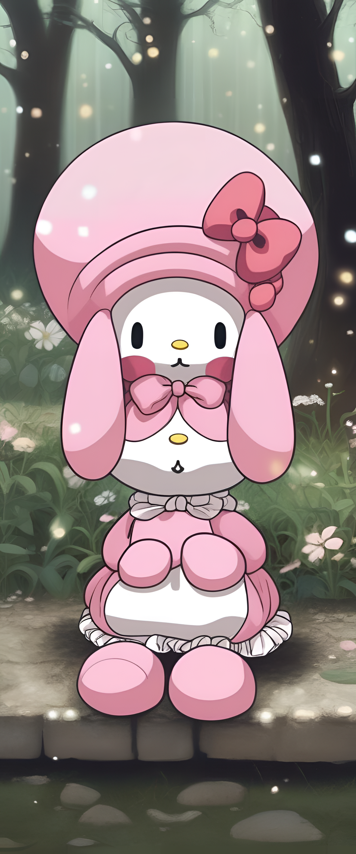 My Melody standing alone, looking sad against a dreamy pink background.