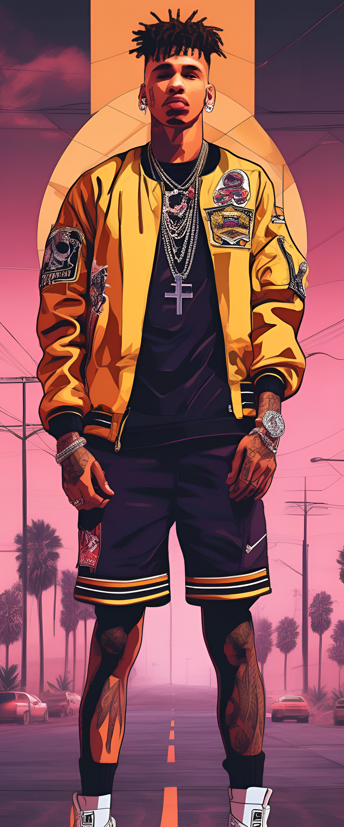 NLE Choppa phone wallpaper featuring rapper in vibrant colors and a lively pose.