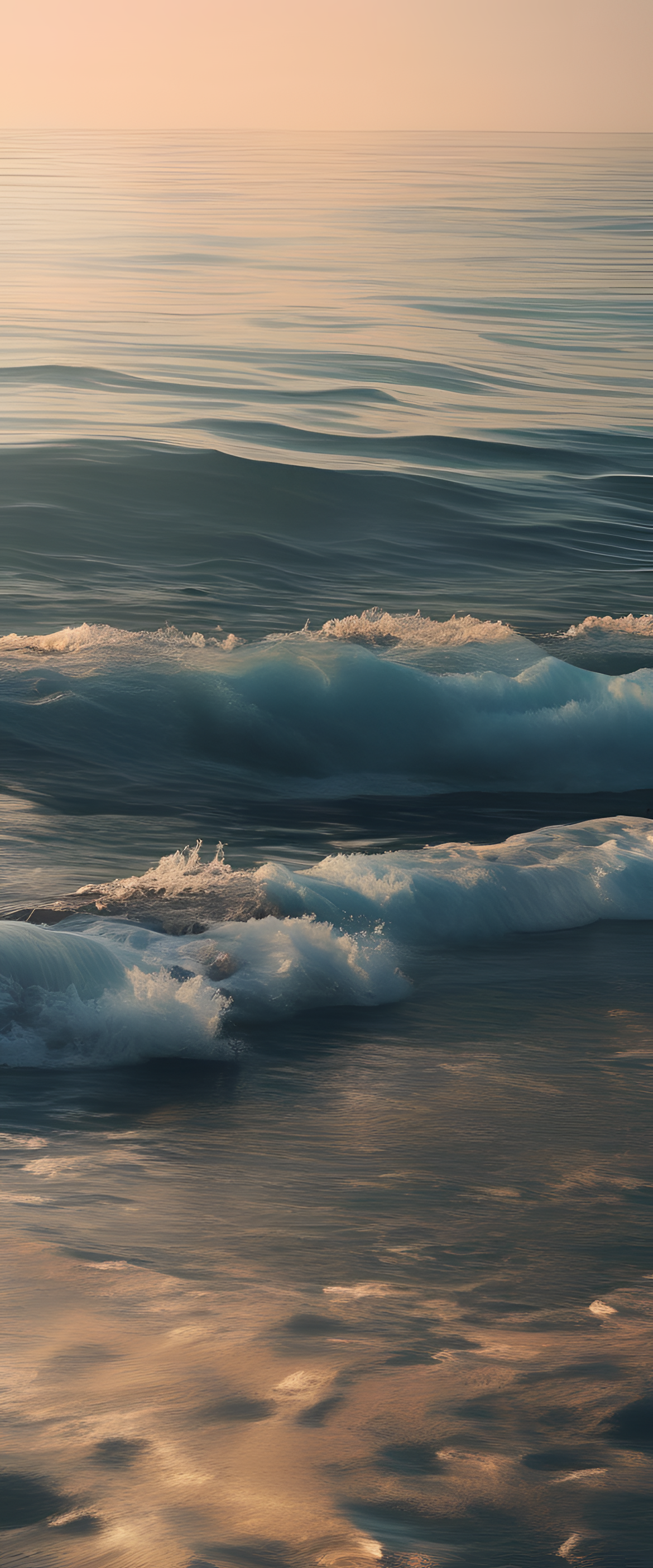 Soothing ocean waves crashing on a sandy beach at sunset.