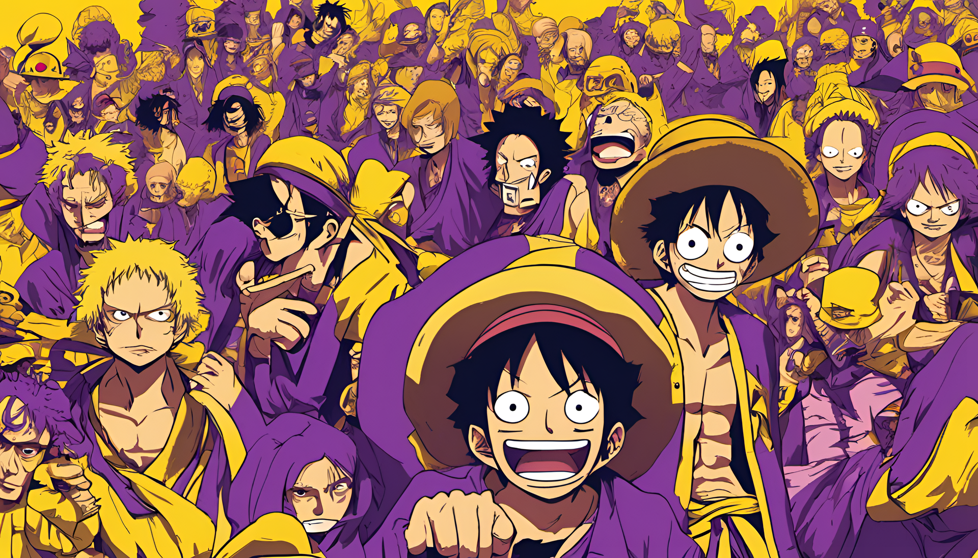 Purple and yellow One Piece character artwork.