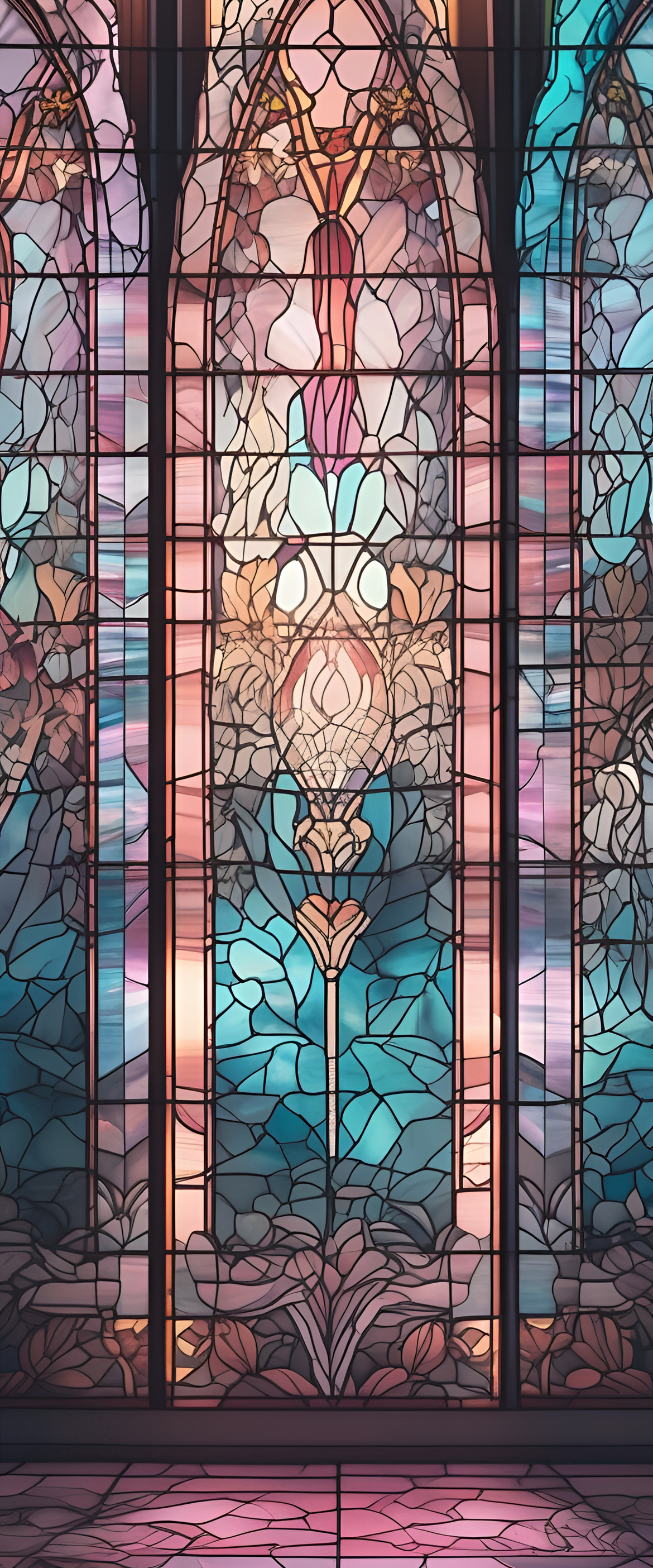 Soft pastel colors illuminate a stained glass design, creating a dreamy aesthetic for a phone wallpaper.