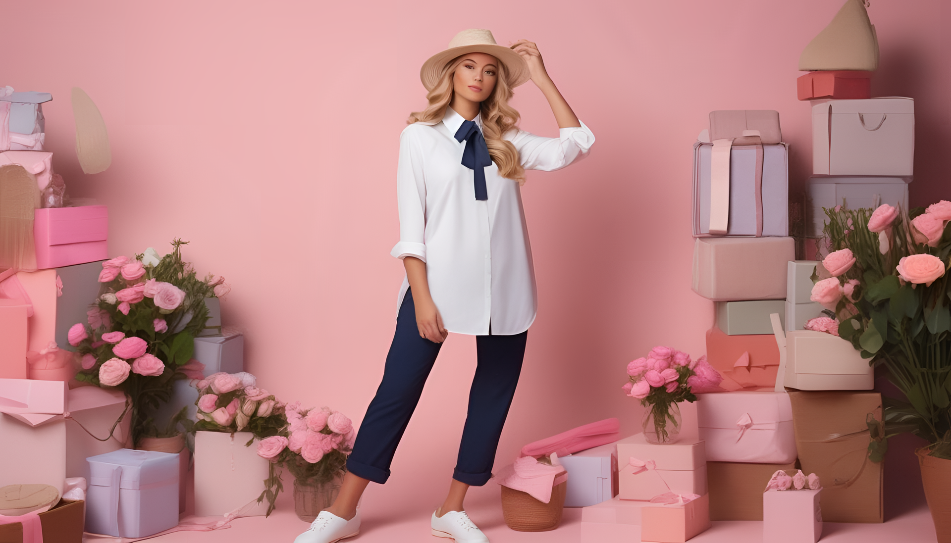 Two models stand against a preppy background in a fashion photoshoot.