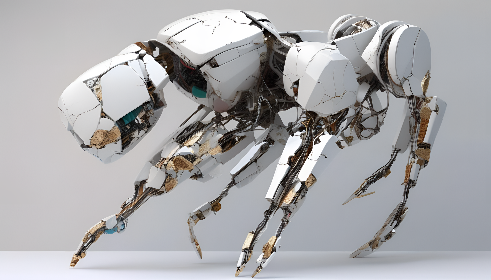 A mesmerizing robotic sculpture with cracked, deconstructive elements.