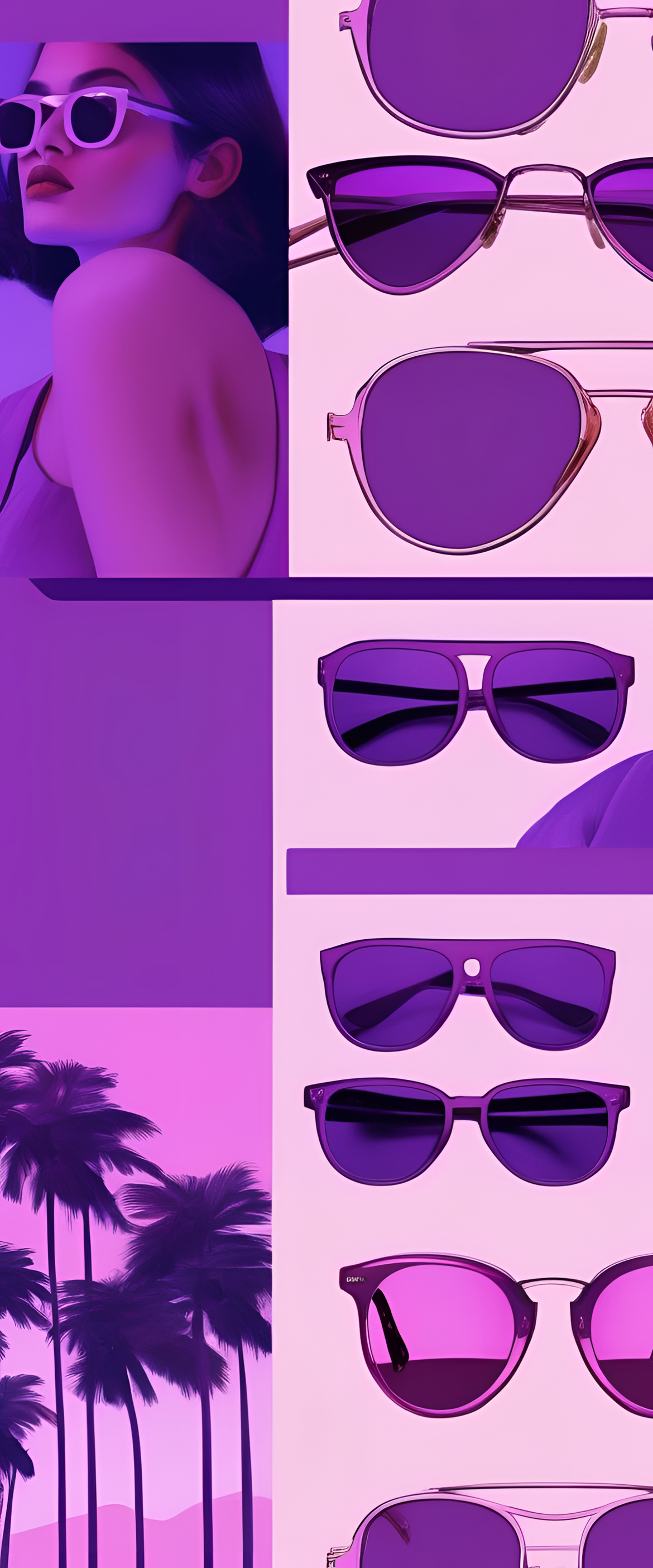 Purple sunglasses on a vibrant background shimmering with complimentary colors.