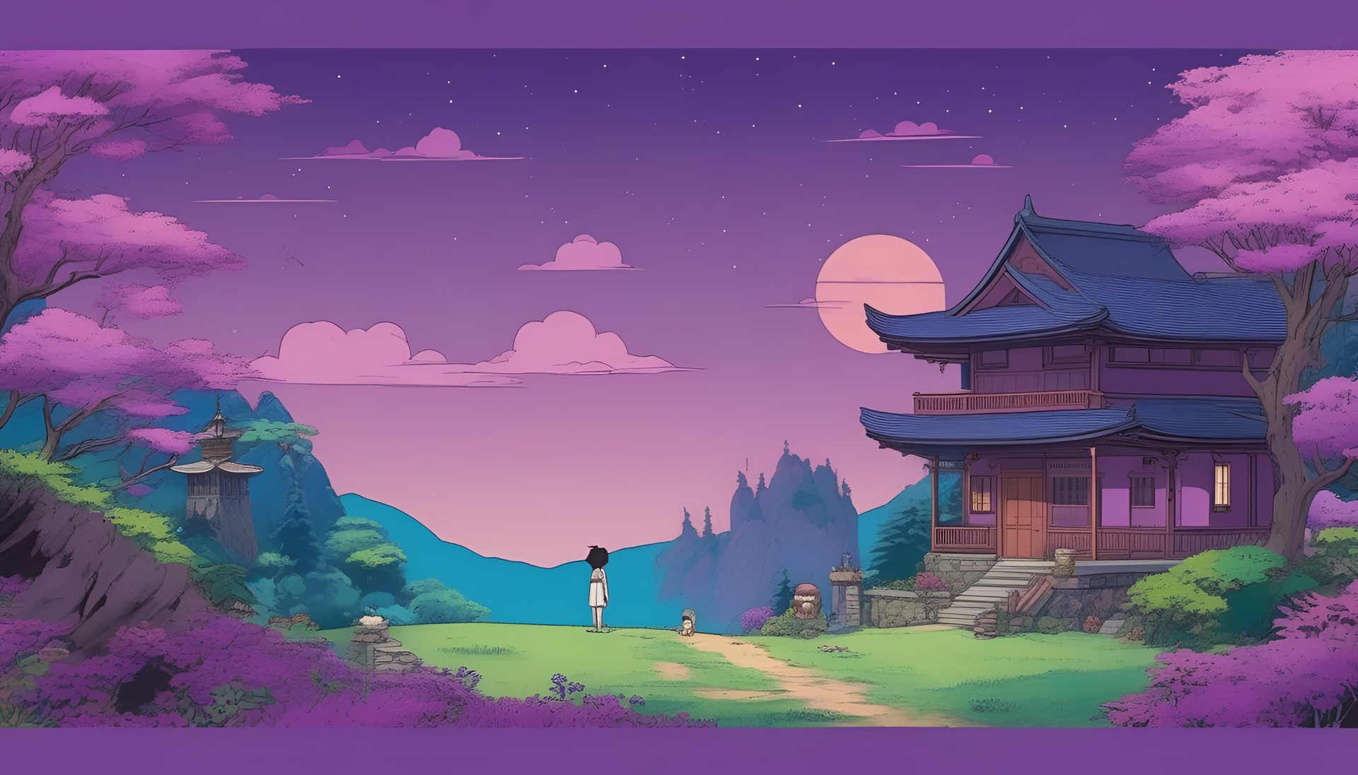 Vibrant purple landscape reminiscent of Studio Ghibli's style.