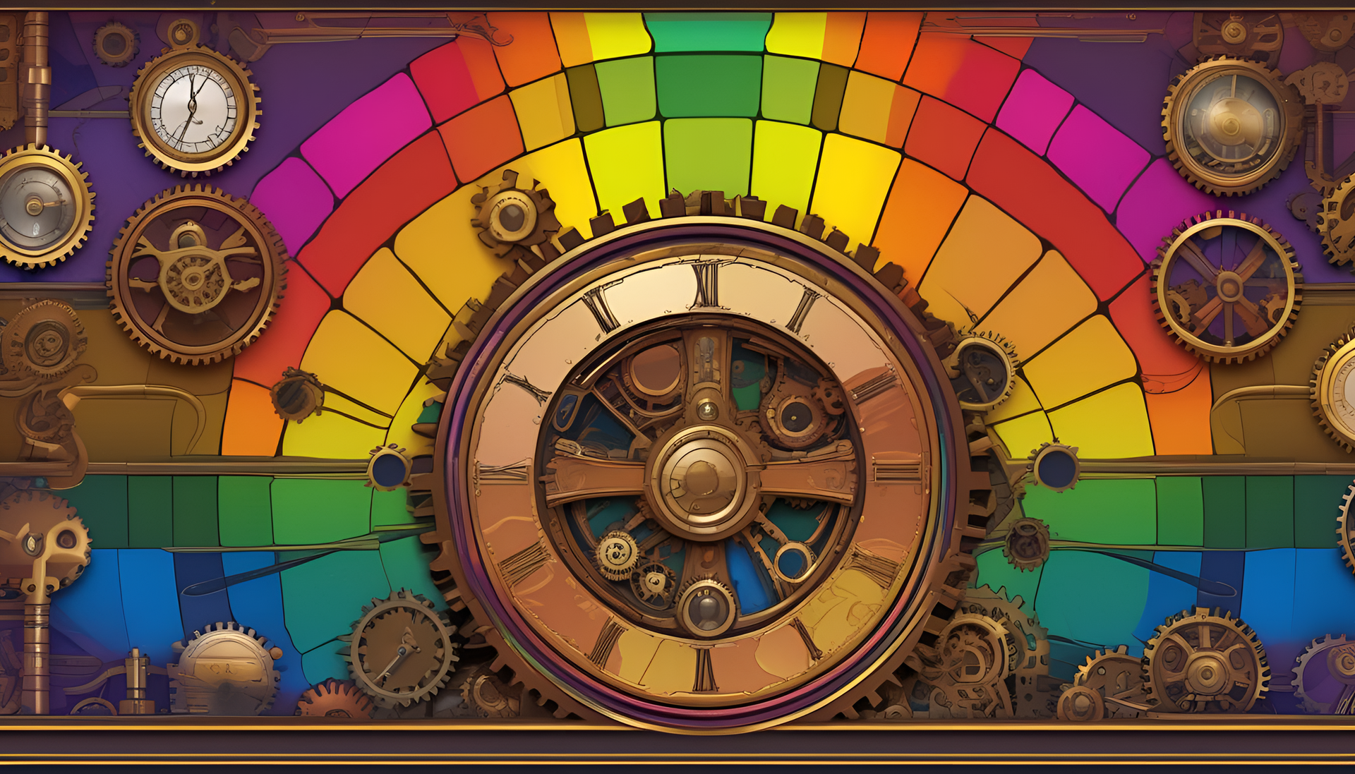 Vibrant steampunk-inspired rainbow design on a HD desktop wallpaper.