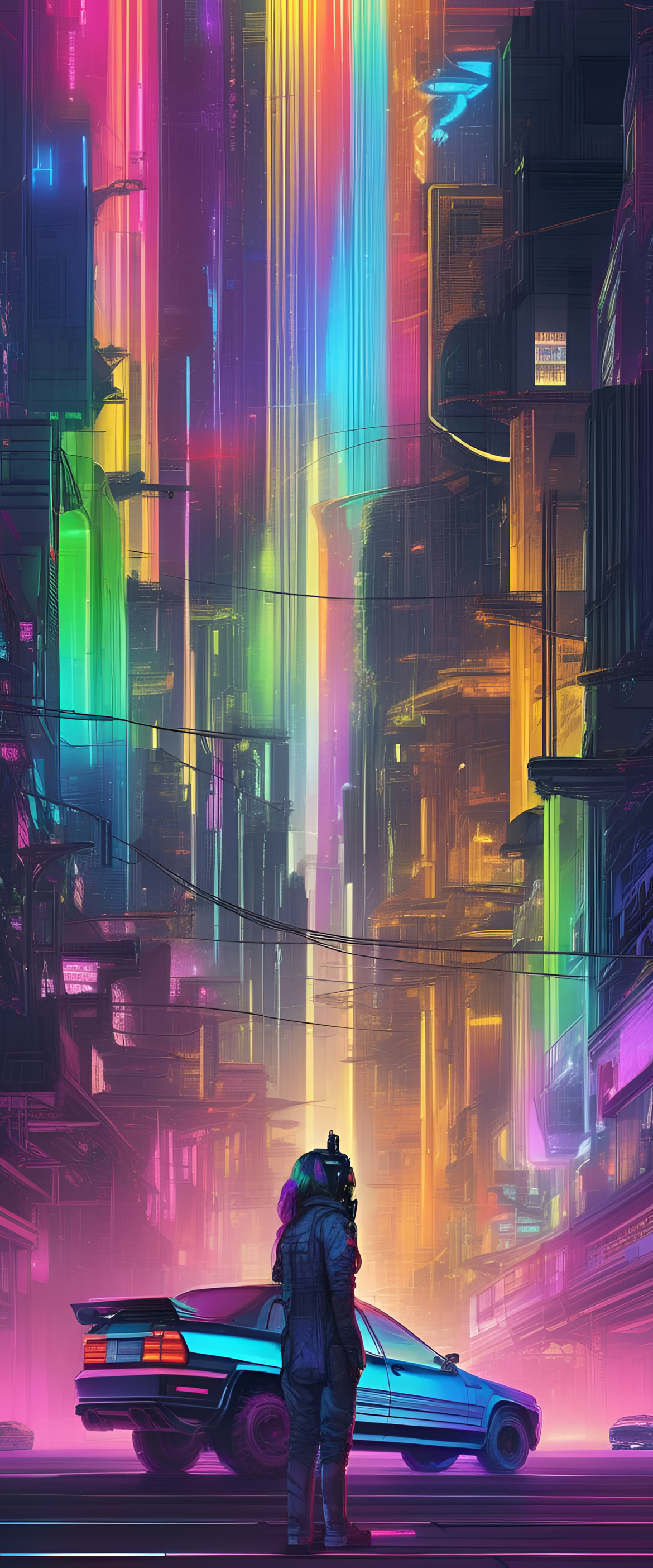 Vibrant cyberpunk rainbow wallpaper.