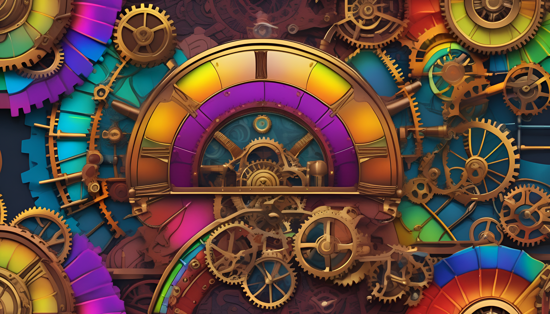 Steampunk-inspired rainbow with vibrant colors.