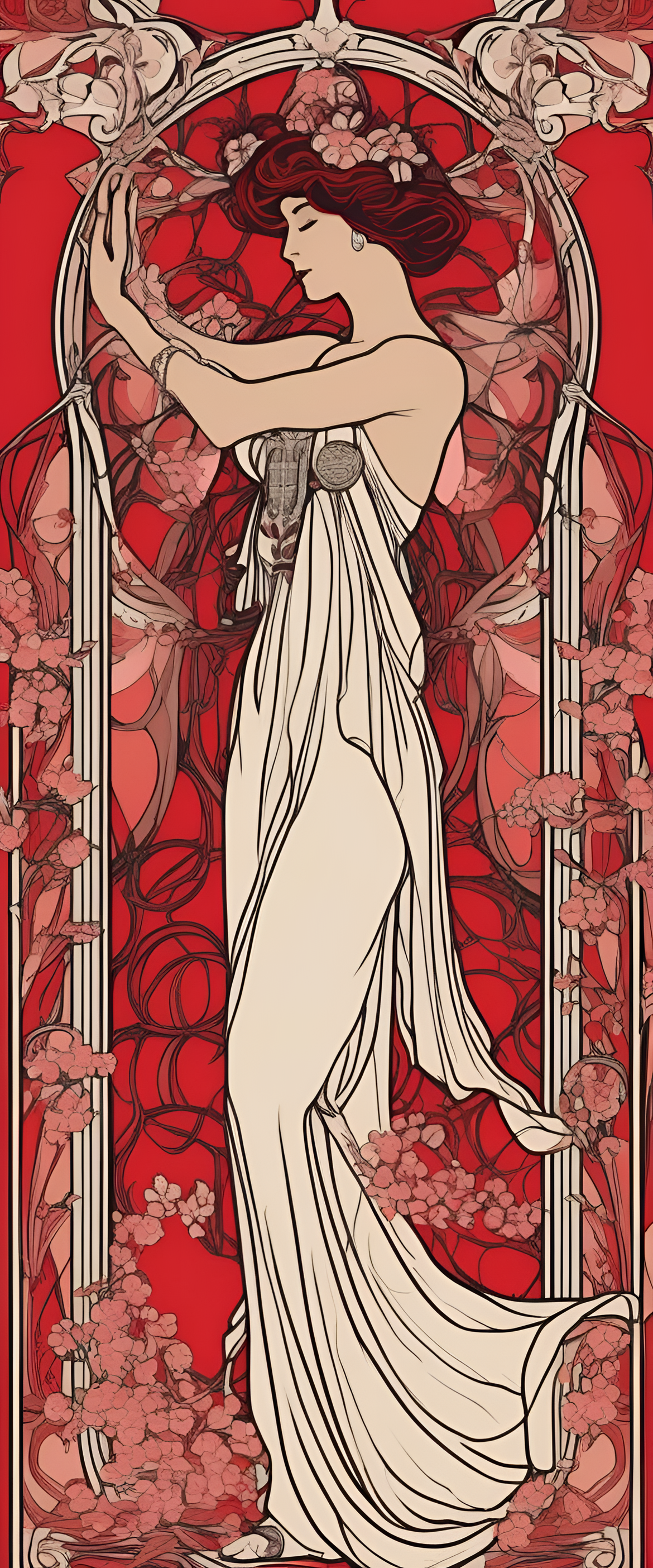 Vibrant art nouveau-inspired red wallpaper design.