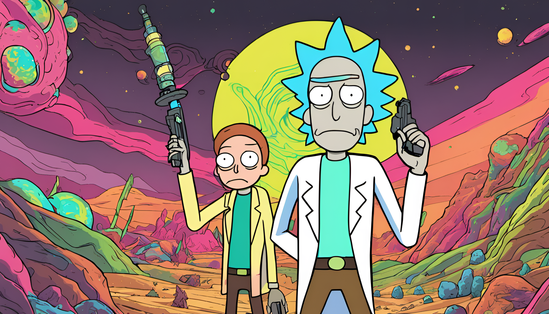 Colorful artwork featuring Rick and Morty characters against a vibrant background.