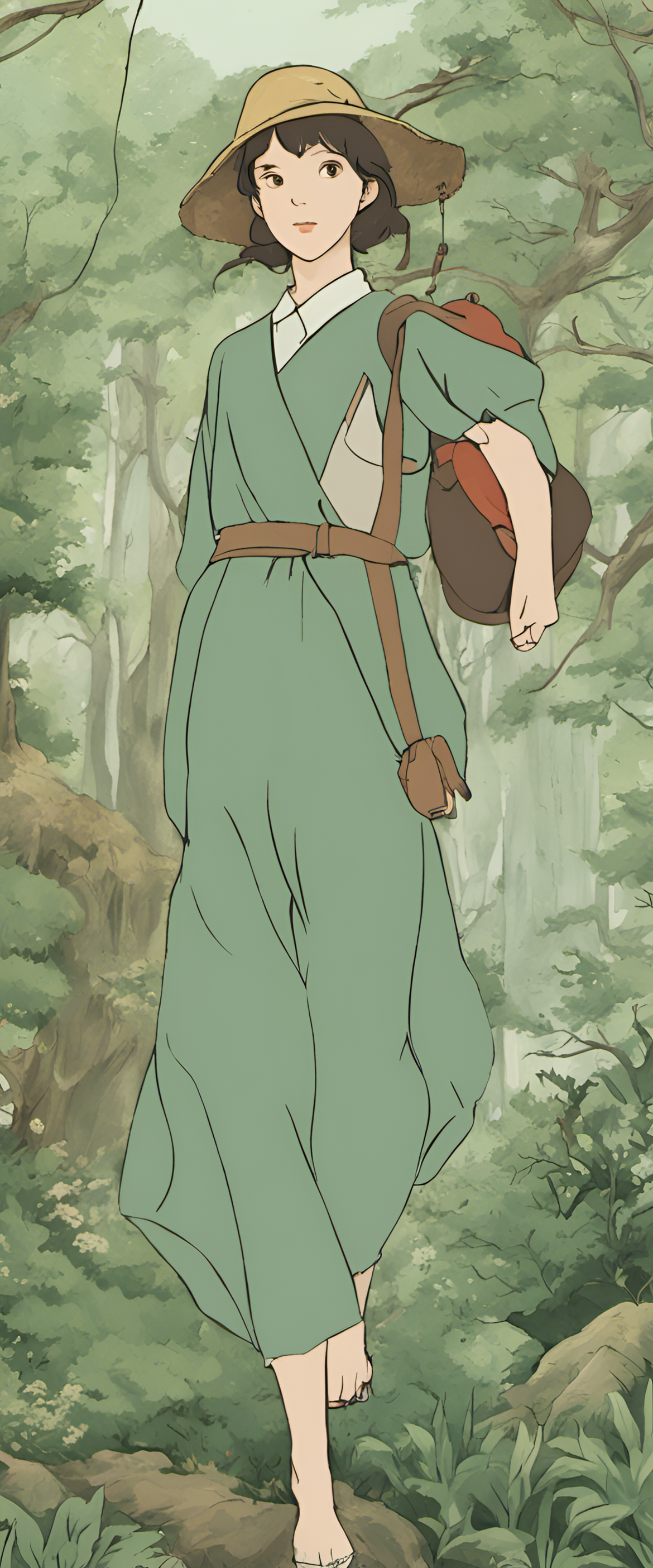 Sage green phone wallpaper with Studio Ghibli style.