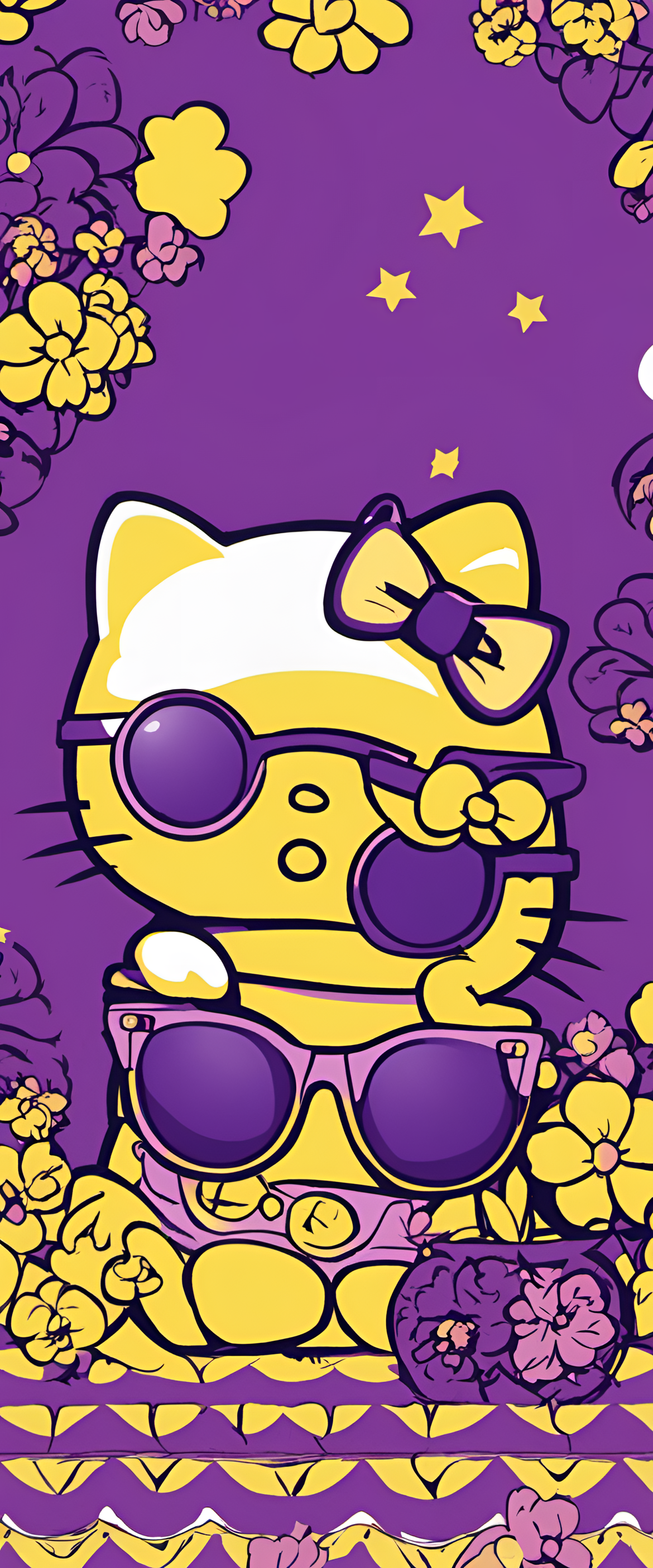 Sanrio wallpaper with purple and yellow colors featuring cool sunglasses.