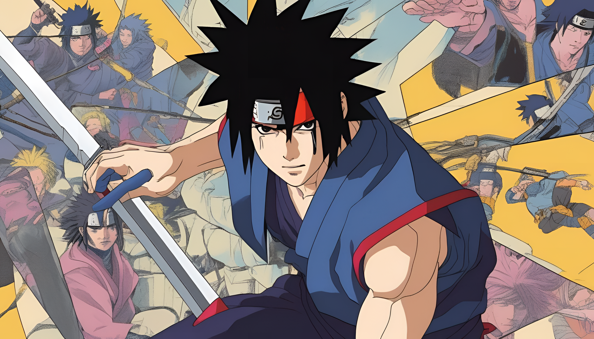 Sasuke Uchiha in vibrant 1980s style.