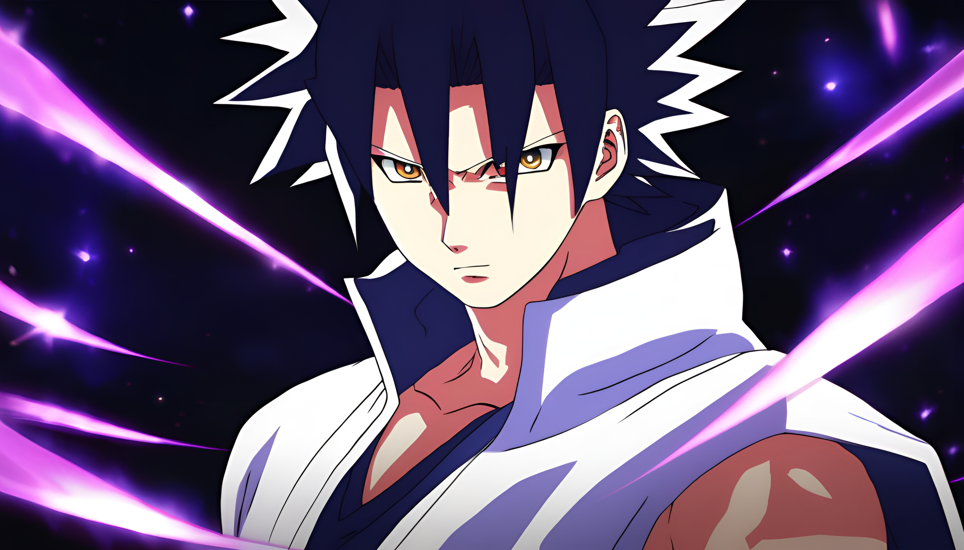 Sasuke Uchiha illuminated by vibrant iris colors.