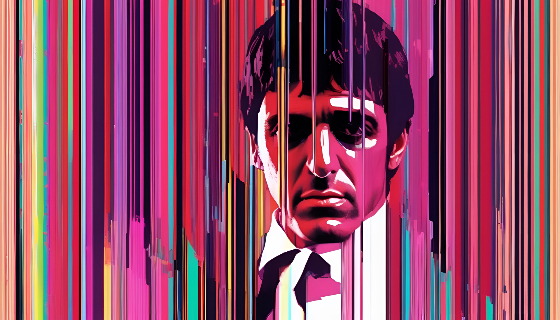 Glitched portrait of Tony Montana from Scarface.