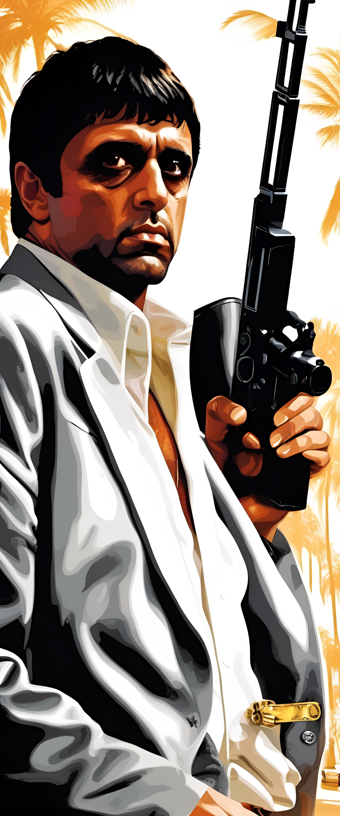 Scarface movie poster with a fierce Tony Montana surrounded by dollar bills and wielding a gun.