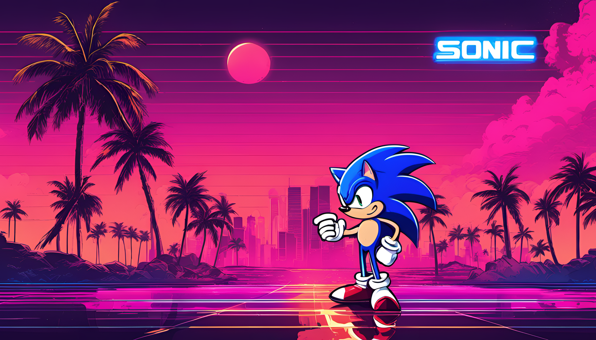 Glamorous Sonic running against a neon 80s Miami backdrop.