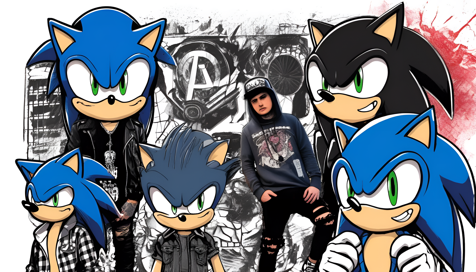 Punkcore Sonic with vibrant colored hair and sunglasses, posing in an edgy style.