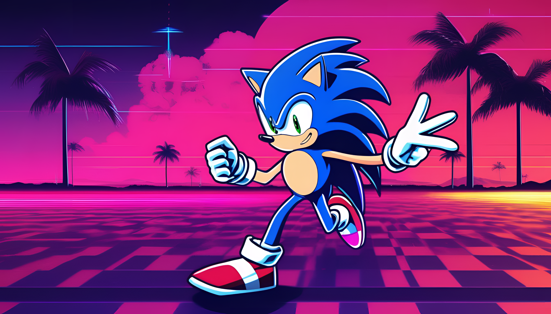 Retro-style Sonic the Hedgehog surrounded by vibrant neon colors.