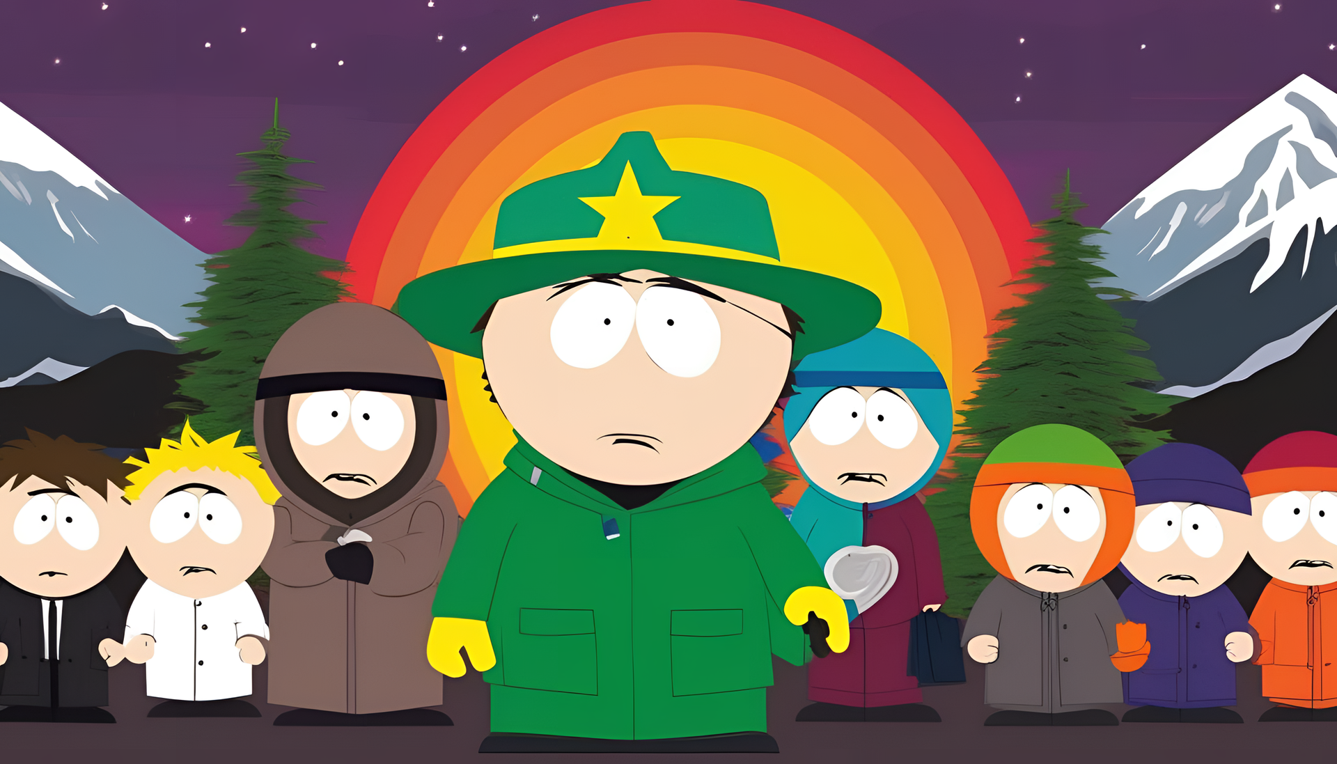 Colorful and vibrant South Park wallpaper featuring the iconic characters animated in a transcendental style.