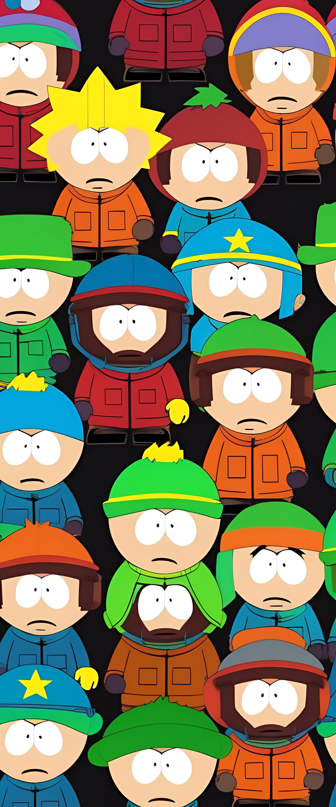 Glowing South Park characters on a phone wallpaper.