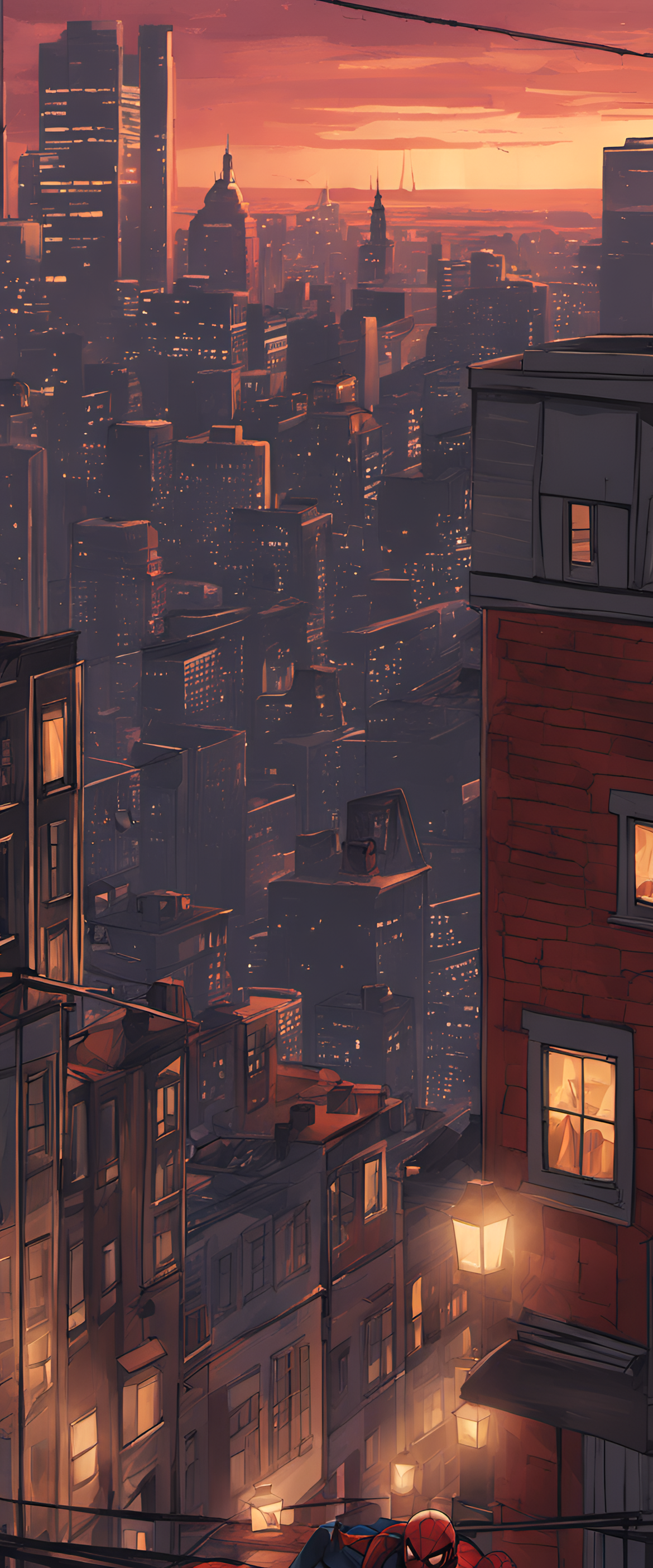 Spiderman swinging through a city illuminated by a warm and soothing evening light.