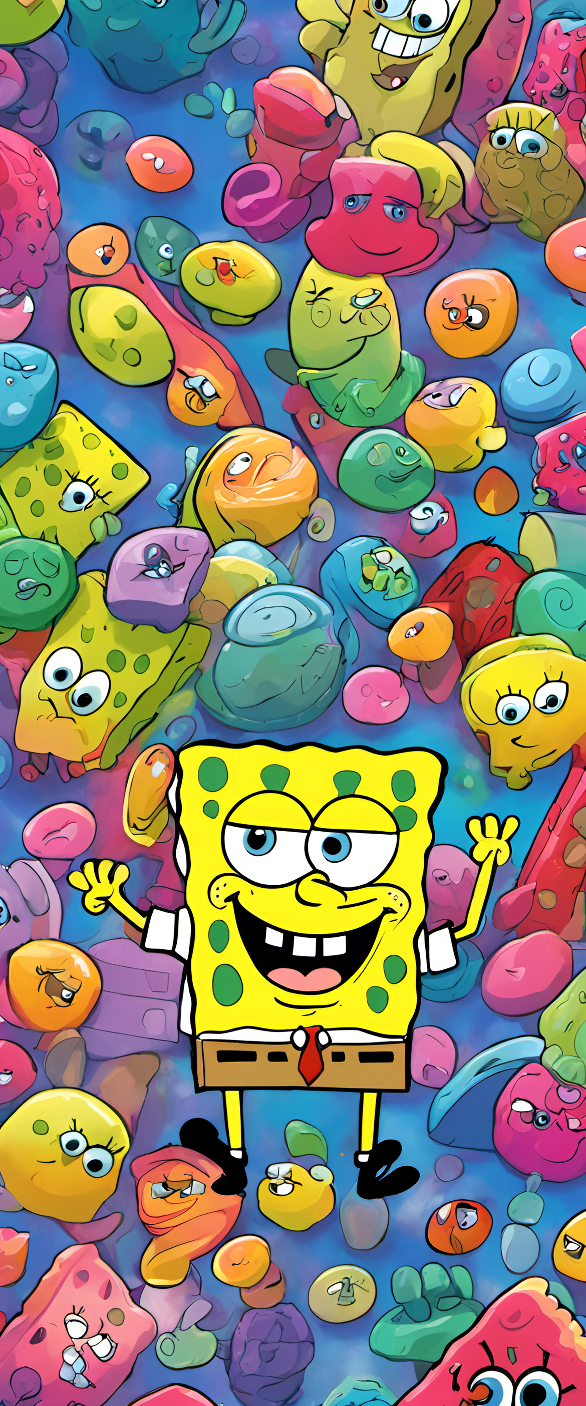 Colorful SpongeBob SquarePants wallpaper featuring the beloved cartoon character in various poses and expressions.