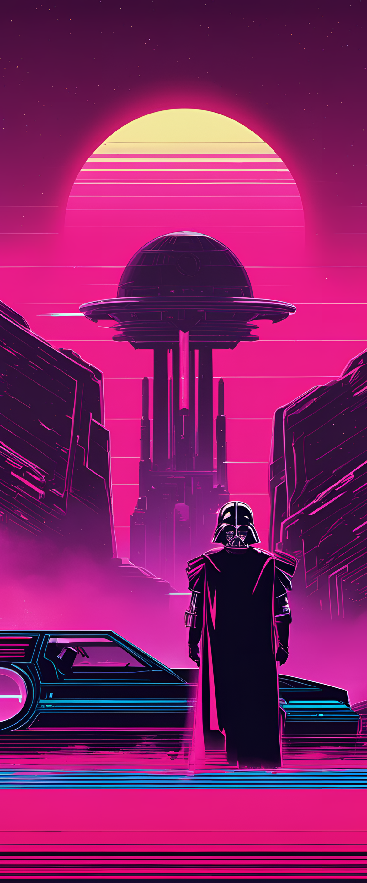 Star Wars-themed retrowave wallpaper with a futuristic design, referencing the iconic space franchise.