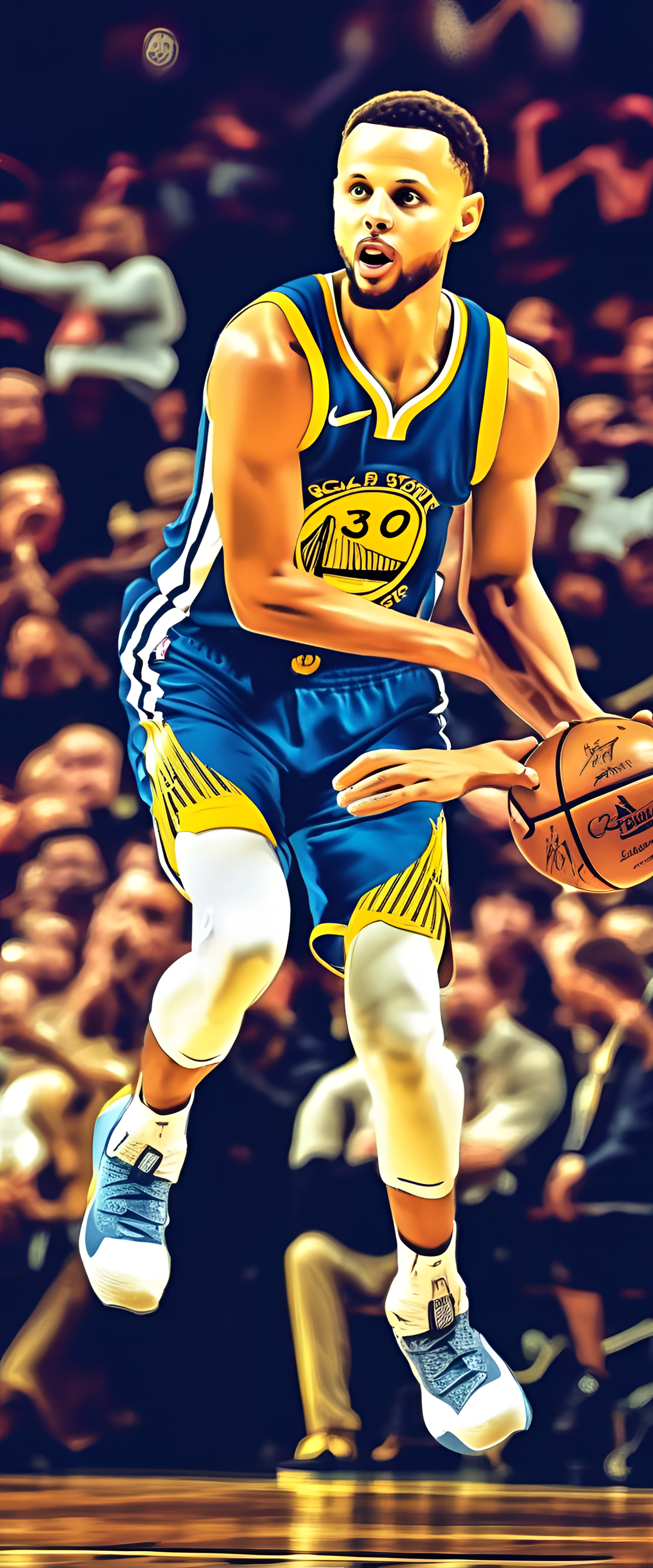 Stephen Curry with a vintage-filtered digital art phone wallpaper.