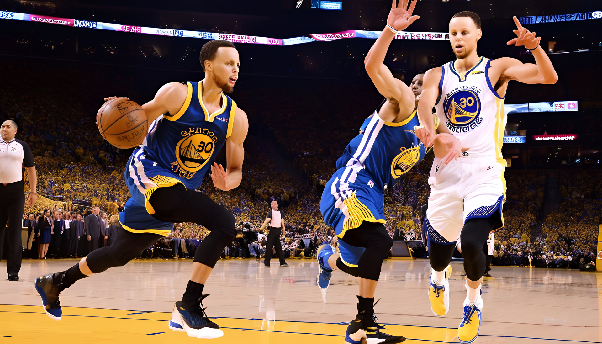 Stephen Curry, a professional basketball player, in action on the court, showing his incredible skills and agility.