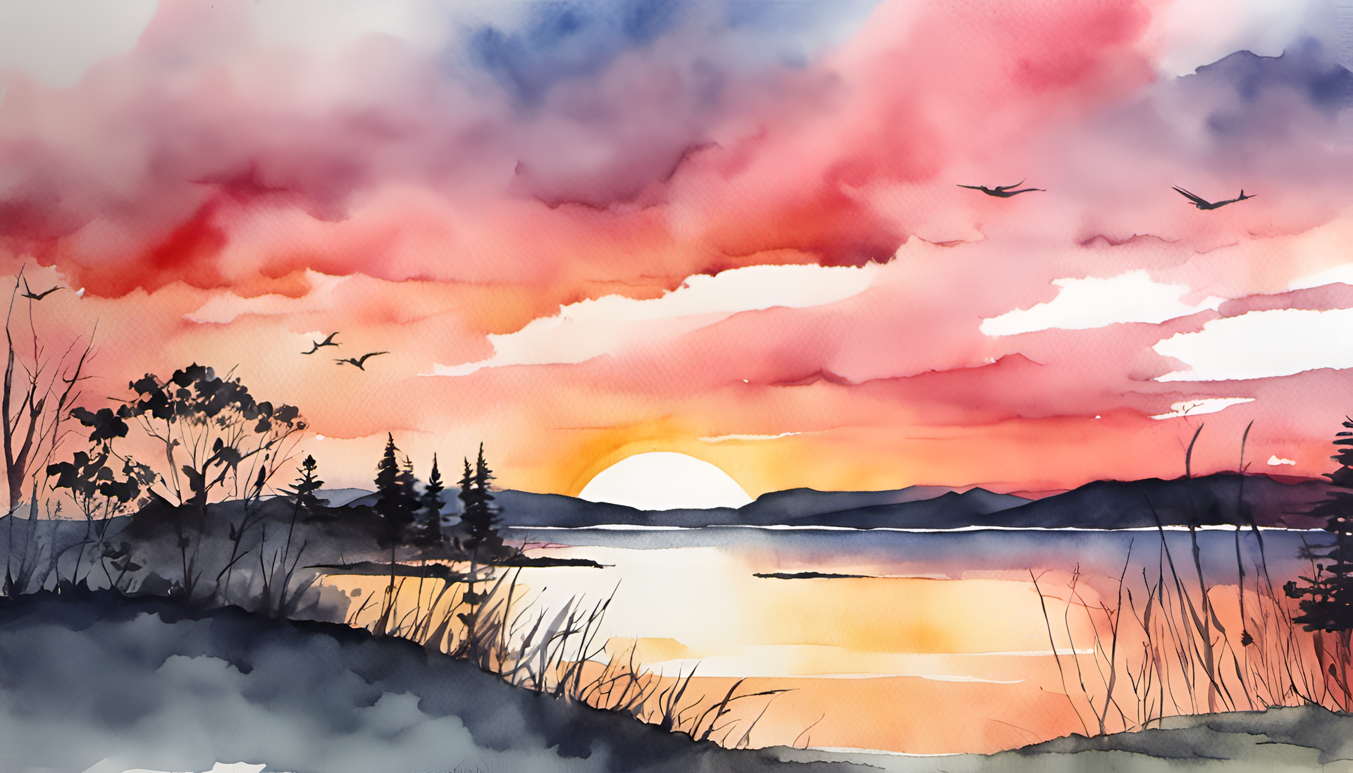 Colorful watercolor sunset painting with vibrant hues illuminating a serene landscape.